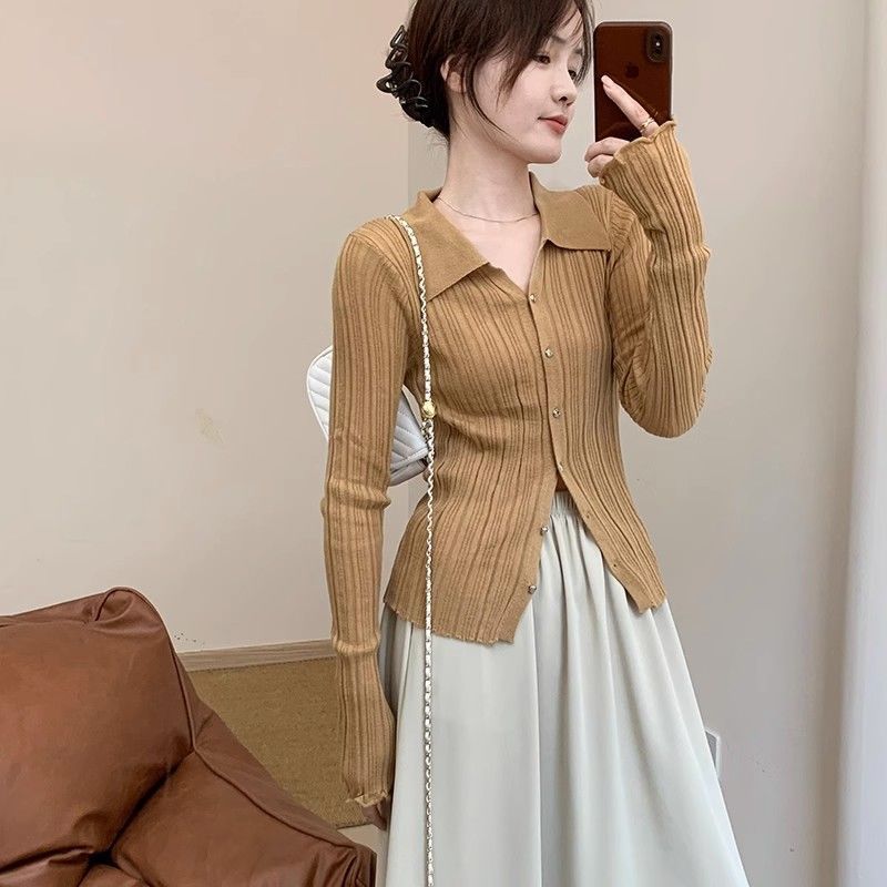 كارديجان نسائي بأزرار طية صدر الجاكيت 2024 خريف شائع كوري نحيف أنيق عصرية محبوكة - Image 5