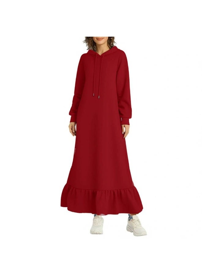 Women's long hooded dress with long sleeves and a ruffled hem