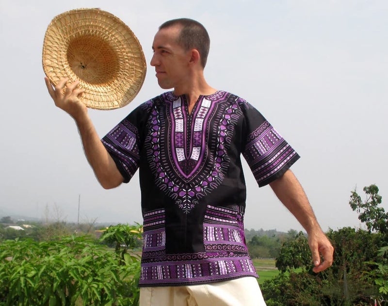 RaanPahMuang Brand Unisex Bright African Black Dashiki Cotton Shirt, XX-Large, Violet/Black - Image 3