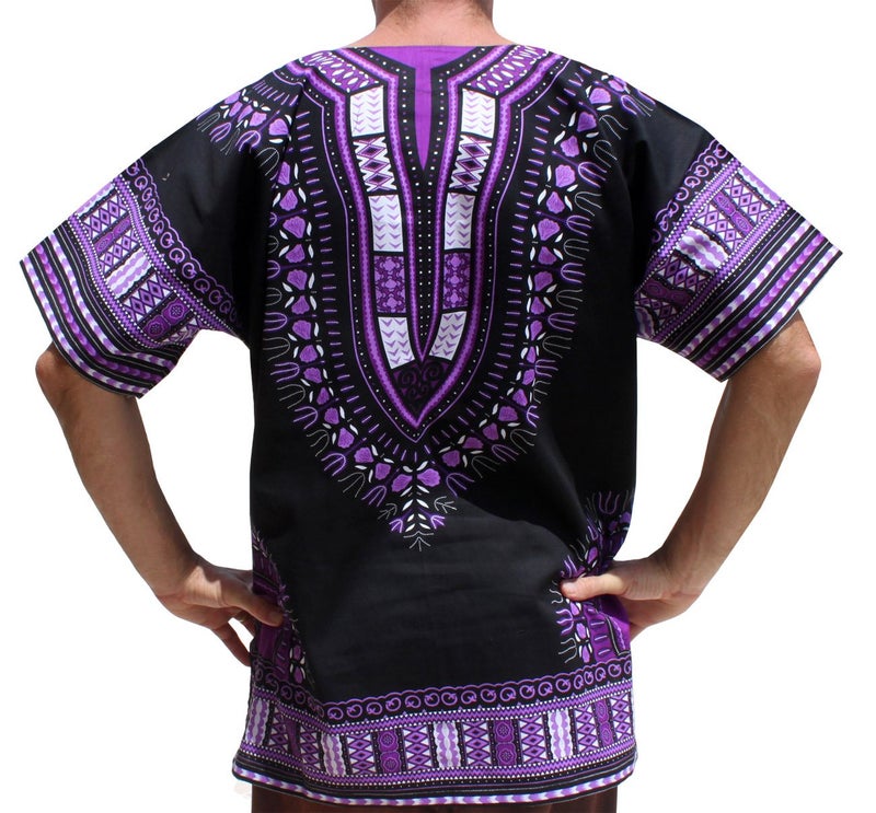 RaanPahMuang Brand Unisex Bright African Black Dashiki Cotton Shirt, XX-Large, Violet/Black - Image 2