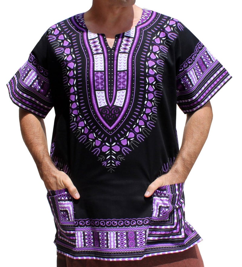 RaanPahMuang Brand Unisex Bright African Black Dashiki Cotton Shirt, XX-Large, Violet/Black - Image 1