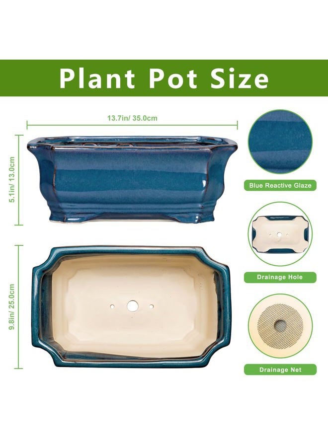Teagas Bonsai Tree Pot - 13.7 Inch Large Ceramic Succulent Planter for Indoor Outdoor, Rectangle Plant Pot with Drainage Hole, Decorative Flower Pots, Home Decor, Gifts for Plant Lovers, Retro Blue - Image 2