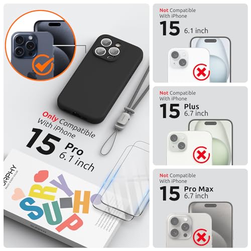 SURPHY Designed for iPhone 15 Pro Case with Screen Protector and Lanyard Phone Strap and Liquid Silicone Phone Case Camera Protective Soft Microfiber Lining 61 inch 2023 Black - Image 3