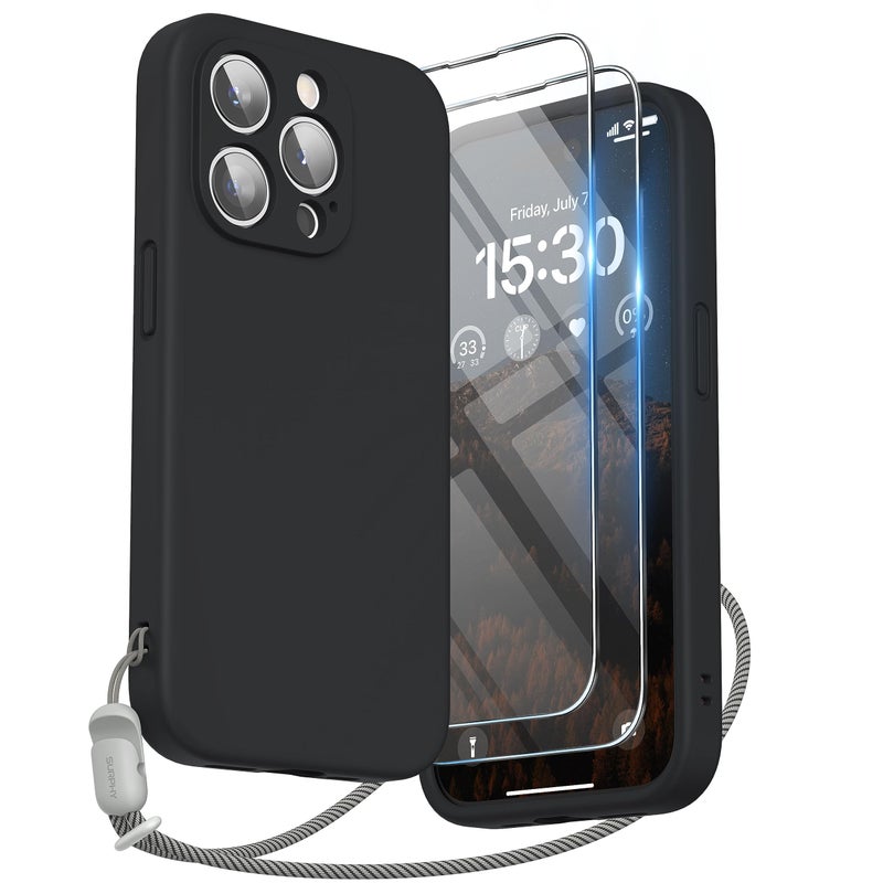 SURPHY Designed for iPhone 15 Pro Case with Screen Protector and Lanyard Phone Strap and Liquid Silicone Phone Case Camera Protective Soft Microfiber Lining 61 inch 2023 Black - Image 2