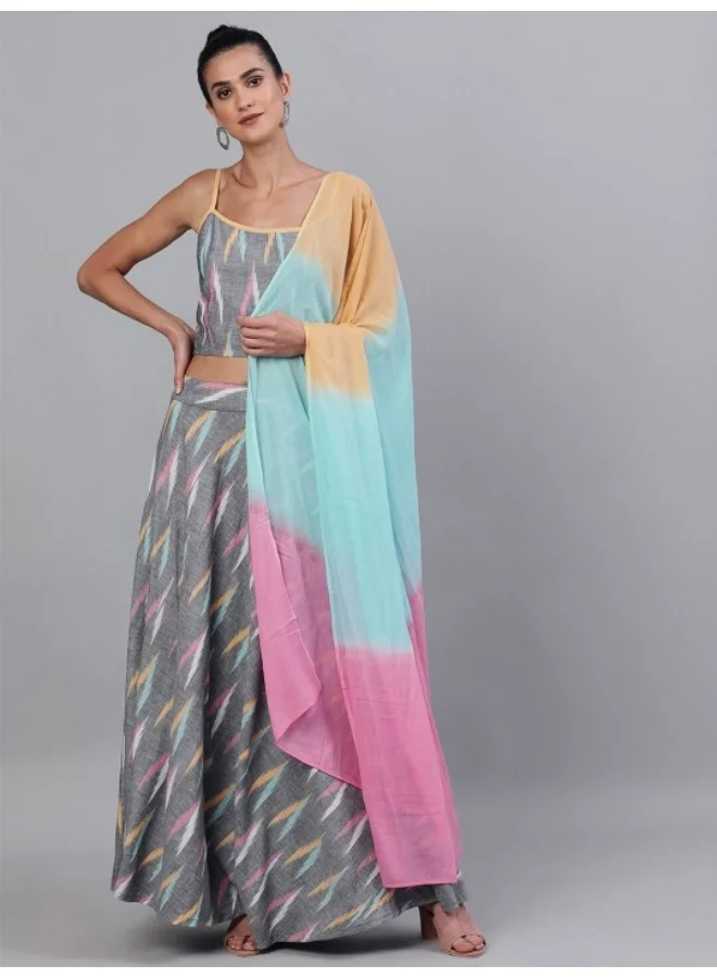 AKS Grey Ikat Design Lehenga Choli With Tie & Dye Dupatta