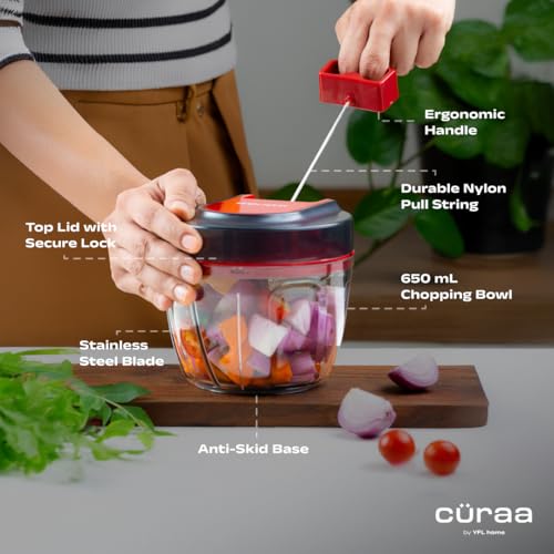 CÜRAA ChopLab Lite Manual Vegetable Chopper for Kitchen Use | By Chef Sanjyot Keer | Mini Chopper for Kitchen with Stainless Steel Blades – 650ml (Red) - Image 5