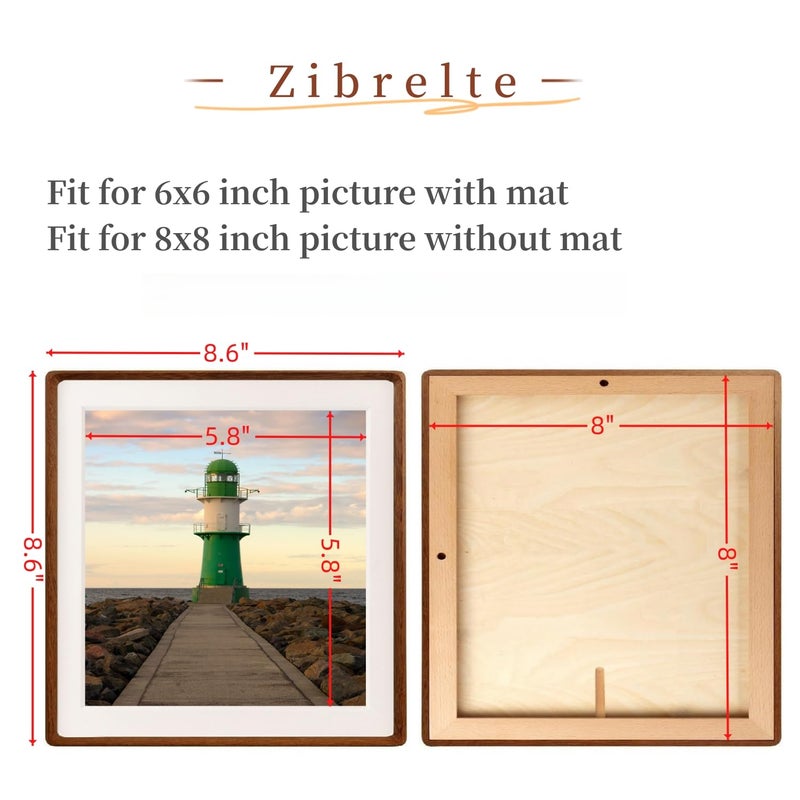 Zibrelte Natural 8x8 Picture Frames Wood with 6x6 Mat Square Wall Photo Frames 8 x 8 Made of Solid Walnut Wood for Tabletop Gallery Wall Hanging - Image 2
