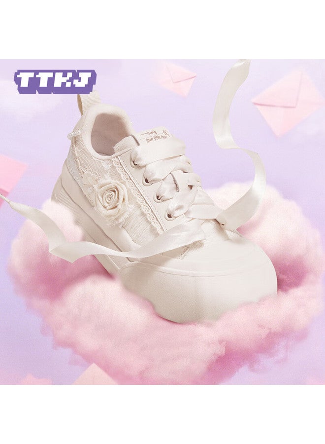 Ttkj Women's White Shoes Latest Summer Breathable Canvas Sneakers With Rose Embroidery Thick Sole Sports Shoes - Image 1