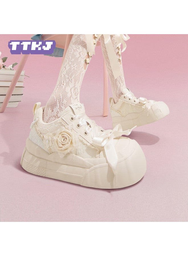 Ttkj Women's White Shoes Latest Summer Breathable Canvas Sneakers With Rose Embroidery Thick Sole Sports Shoes - Image 3