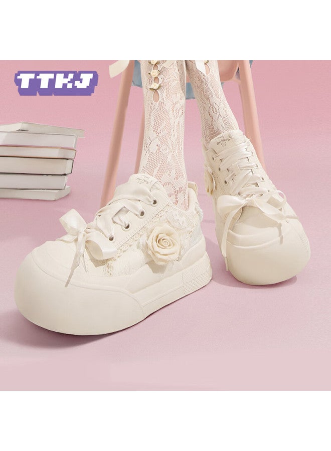 Ttkj Women's White Shoes Latest Summer Breathable Canvas Sneakers With Rose Embroidery Thick Sole Sports Shoes - Image 2