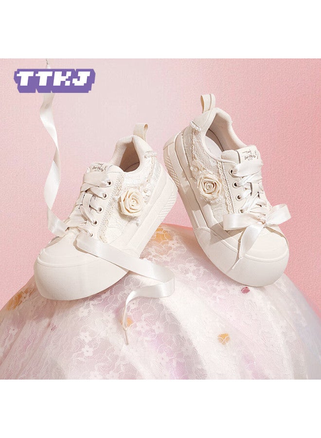 Ttkj Women's White Shoes Latest Summer Breathable Canvas Sneakers With Rose Embroidery Thick Sole Sports Shoes - Image 5