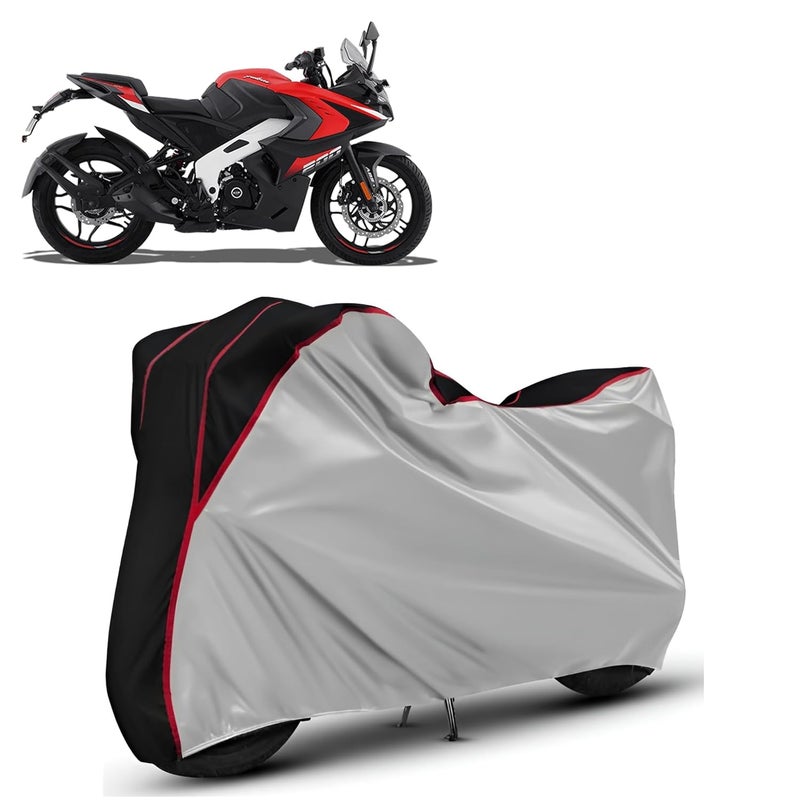 FAVY Waterproof Bike Cover for Bajaj Pulsar RS 200 All-Weather Proof, Triple-Stitched Durable Design, Windproof Elastic Bottom, Black & Silver Color Combination, UV & Dust Protection - Image 1