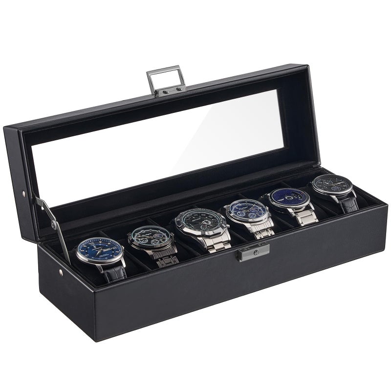 ProCase 6 Slot Watch Case Box for Men PU leather Man Watch Organizer with Soft Pillow Lockable Watch Collection Storage Holder with Glass Display Lid Fathers Day Gift for Dad AllBlack - Image 2