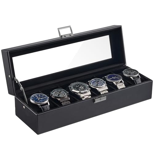 ProCase 6 Slot Watch Case Box for Men PU leather Man Watch Organizer with Soft Pillow Lockable Watch Collection Storage Holder with Glass Display Lid Fathers Day Gift for Dad AllBlack - Image 1
