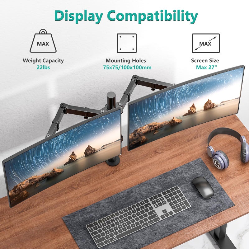 WALI Dual Monitor Stand for Desk, Dual Monitor Mounts for 2 Monitors up to 27 inch, 2 Monitor Desk Mount Holds up to 22 lbs, Height Adjustable Swivel Tilt Rotation, 75x75/100x100mm (M002), Black - Image 2
