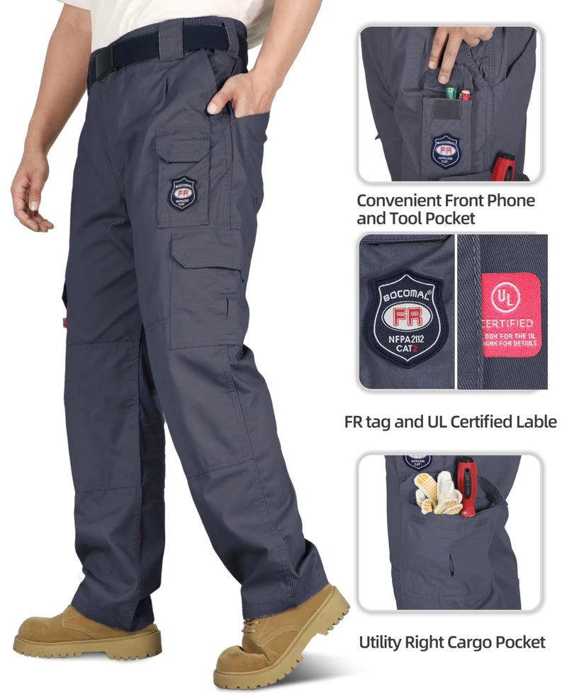 BOCOMAL Men's FR Cargo Pants Fire Resistant Pants Midweight 7.5oz 100% Cotton Gray Elastic Waist Pants - Image 3
