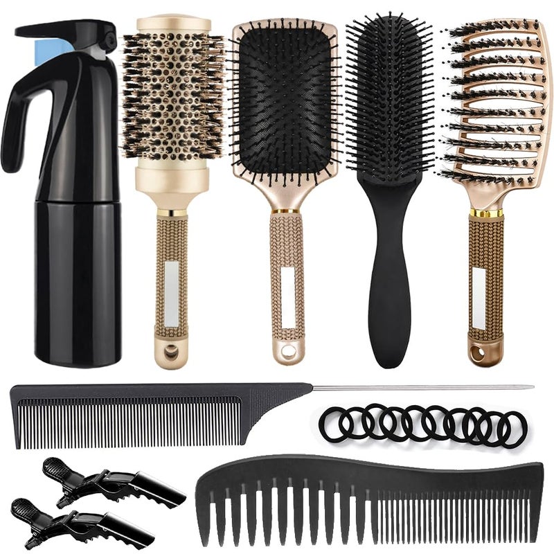 Aozzy 9Pcs Curly Hair Brush Set Hair Brushes for Women Round Brush for Blow Drying Paddle Brush Fit for Detangling Wet Long Thick Hair Spray Bottle for Curly Wavy Hair Family Daily Care Golden