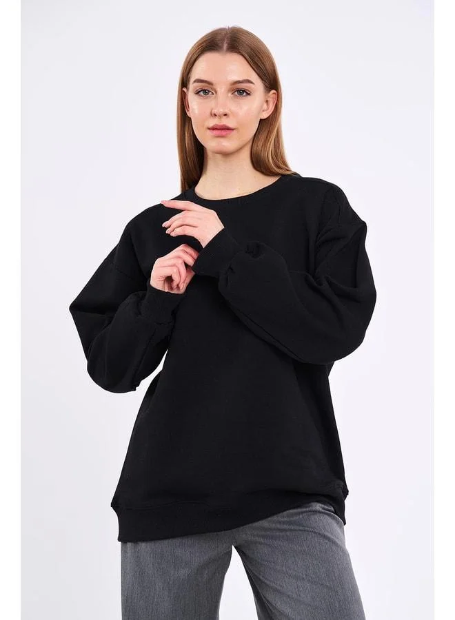 Mmetalic Women's Black Cotton Oversize Basic Crew Neck Sweatshirt MMTLCB69