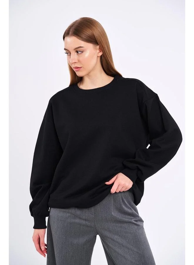 Mmetalic Women's Black Cotton Oversize Basic Crew Neck Sweatshirt MMTLCB69