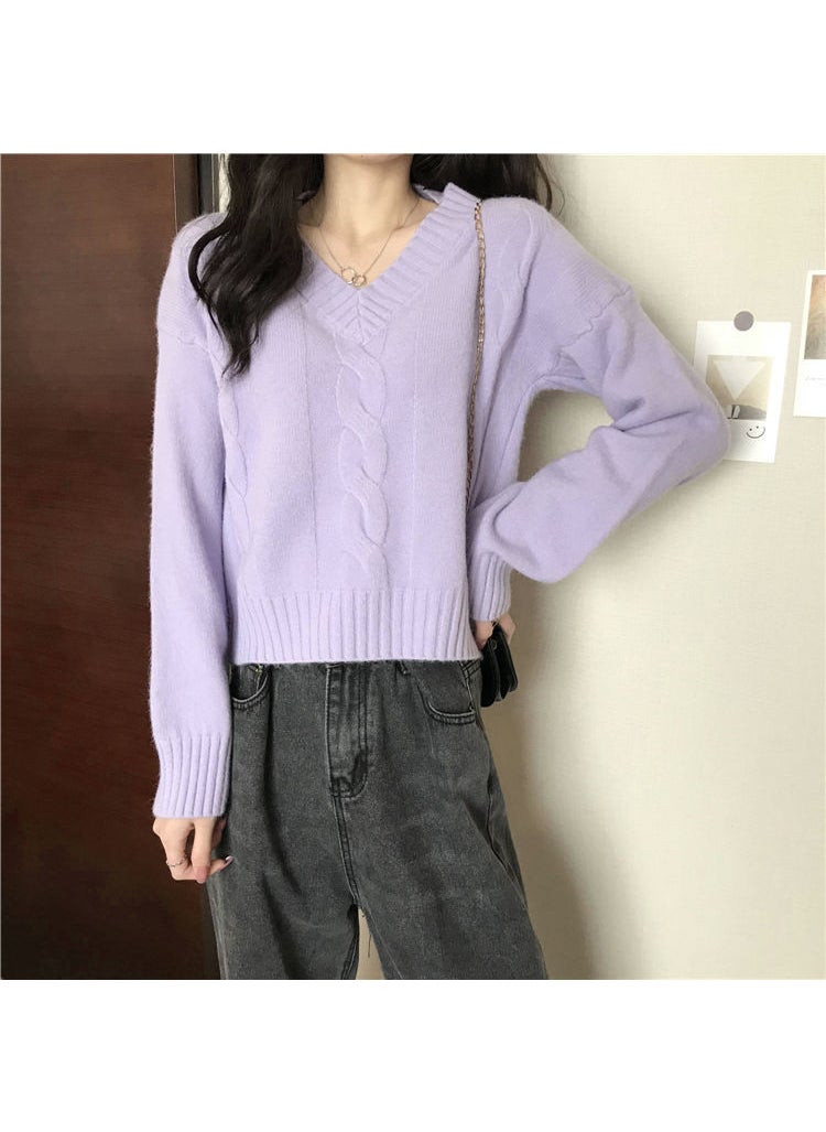Generic - 2023 New Edition Classic Linen Versatile Korean Style Loose Lazy V-Neck Sweater Women Comfortable Casual Style Gray - Image 1
