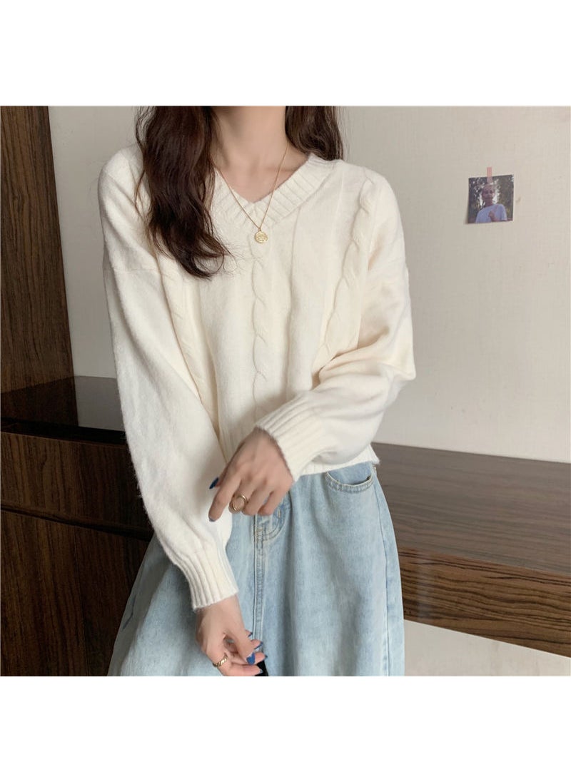 Generic - 2023 New Edition Classic Linen Versatile Korean Style Loose Lazy V-Neck Sweater Women Comfortable Casual Style Gray - Image 1