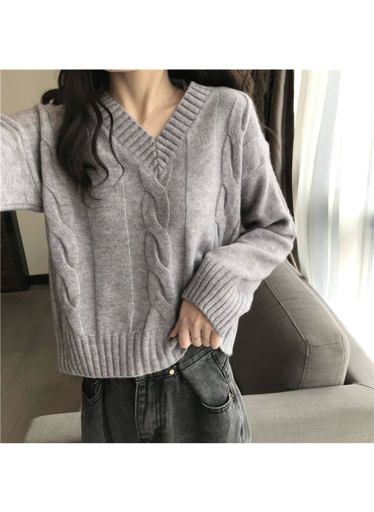 Generic - 2023 New Edition Classic Linen Versatile Korean Style Loose Lazy V-Neck Sweater Women Comfortable Casual Style Gray - Image 1