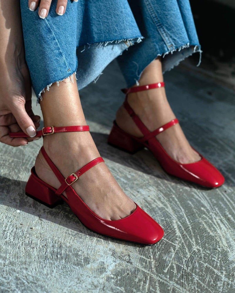 Coutgo Womens Mary Jane Chunky Low Heels Closed Square Toe Ankle Strap Pumps Wedding Party Dress Shoes, Red, Size 8 - Image 2