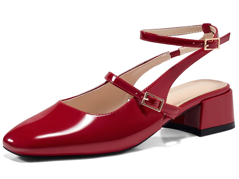 Coutgo Womens Mary Jane Chunky Low Heels Closed Square Toe Ankle Strap Pumps Wedding Party Dress Shoes, Red, Size 8 - Image 5