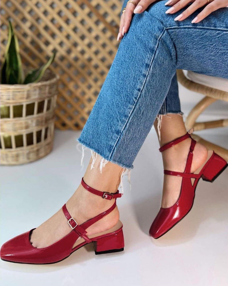 Coutgo Womens Mary Jane Chunky Low Heels Closed Square Toe Ankle Strap Pumps Wedding Party Dress Shoes, Red, Size 8 - Image 3