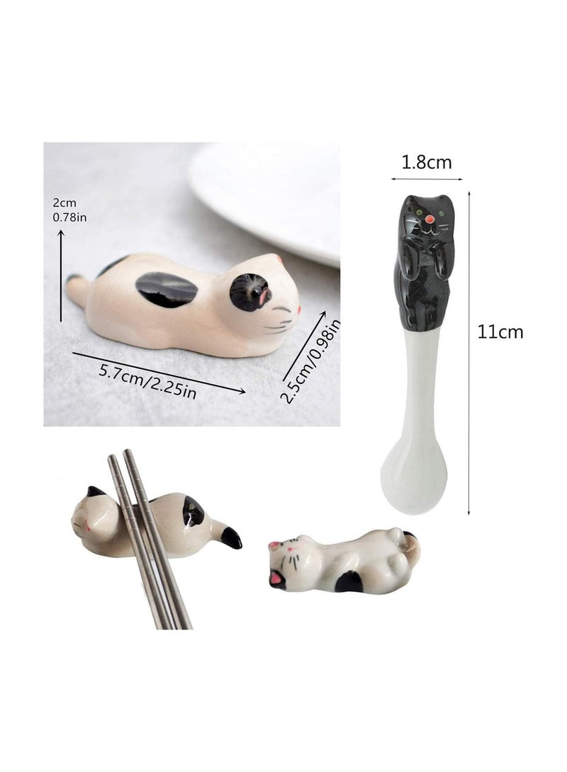 KASTWAVE ملعقة قطة خزفية صغيرة لطيفة، ملعقة شاي معلقة ملعقة قهوة ملعقة سكر، ٤ قطع ملاعق أكواب معلقة مع ٢ قاعدة عيدان تناول الطعام، أدوات مطبخ لأواني الطاولة - Image 3