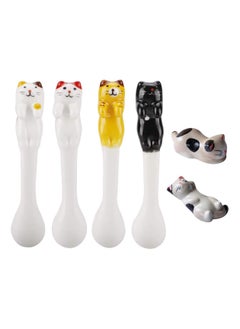 KASTWAVE Mini Cute Ceramic Cat Spoon, Hangable Tea Spoon Coffee Spoon Sugar Spoon, 4 Pcs Hanging Cup Teaspoons Cartoon Animals Spoons with 2 Chopsticks Rest, Tableware Kitchen Tools  - Image 1