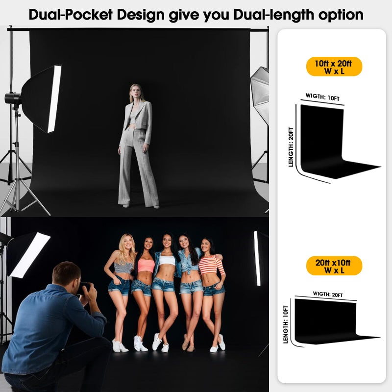 CPLIRIS 10x20ft Black Backdrop for Photography, Dual-Size Dual-Pocket Design Photo Booth Background for Portrait Photoshoot, Party and Video with Both Options of 10 feet and 20 feet in Width - Image 3