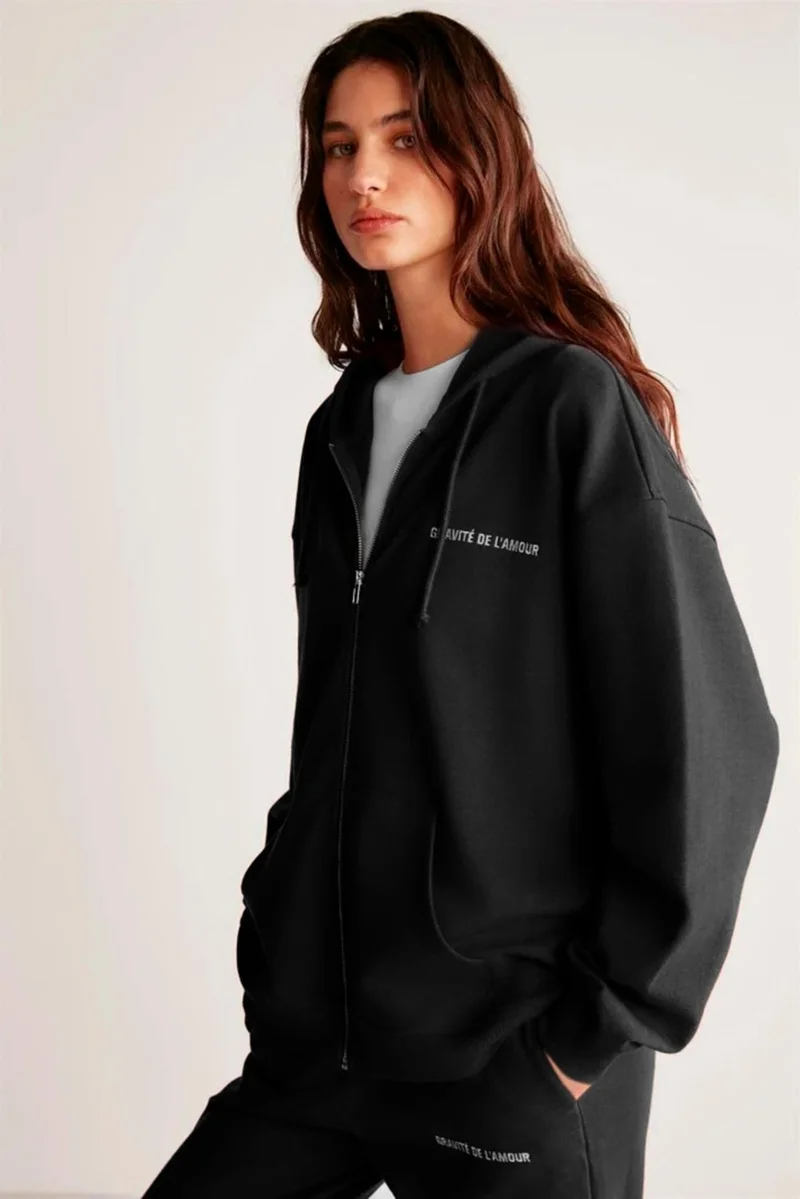 جريميلانج Ametis Women's Polar Fleece Embroidered Text Detailed Organic Cotton Oversize Hooded Black Sweatshirt
