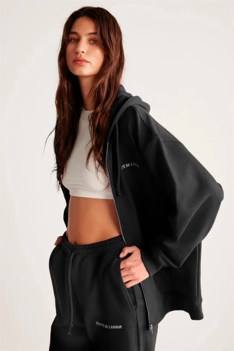 جريميلانج Ametis Women's Polar Fleece Embroidered Text Detailed Organic Cotton Oversize Hooded Black Sweatshirt