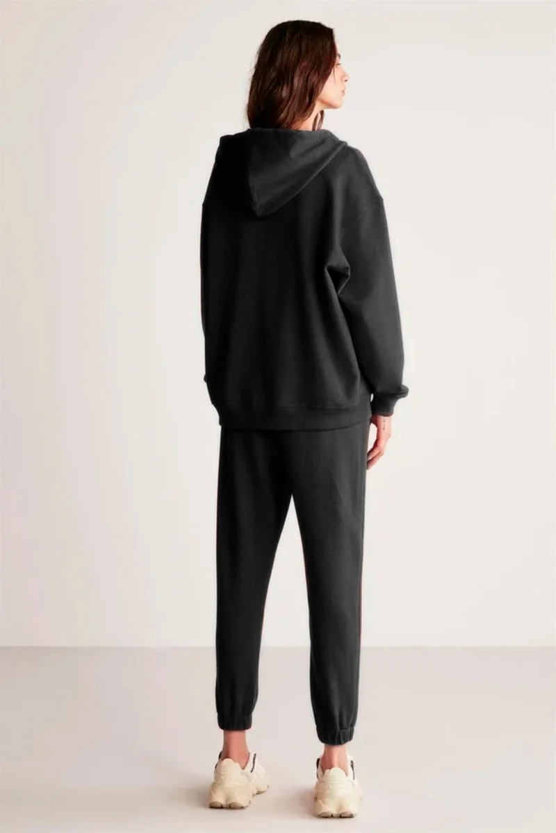 جريميلانج Ametis Women's Polar Fleece Embroidered Text Detailed Organic Cotton Oversize Hooded Black Sweatshirt