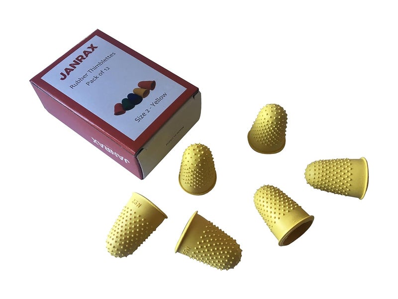 Janrax Pack of 12 Yellow No.2 Rubber Thimblettes - Large Thimble Finger Cones - Image 1