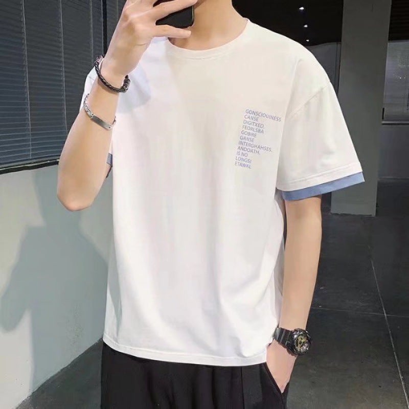 Men's Short-sleeved T-shirt Fake Two-piece Summer New Student Base Shirt Fashionable Korean Men's Top Slim-fit Half-sleeve - Image 3