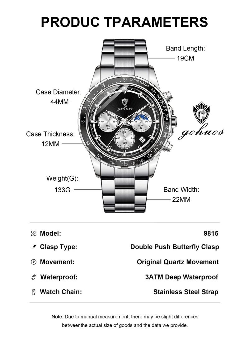 GOHUOS Men's Luxury Quartz Watch - Top Brand Luxury Waterproof Multifunctional Business Analog Wrist Watch with Stainless Steel Band - 44mm -  Father or Boyfriend Gift - Image 3