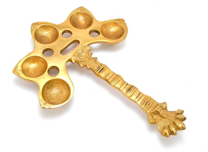 BRASS PANCHDEEP POOJA SPOON HANDCRAFTED BRASS PANCHDEEPPANCHARTI SPOON ANTIQUE YELLOW STANDARD PACK OF 1