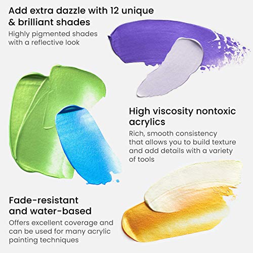 Arteza Metallic Acrylic Paint, Set of 12 Colors/Tubes (0.74 oz., 22 ml) with Storage Box, Rich Pigments, Non Fading, Non Toxic Paints for Artist & Hobby Painters, Ideal for Canvas Painting - Image 4