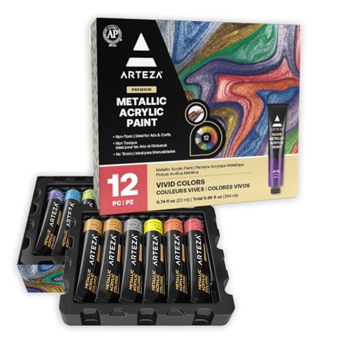 Arteza Metallic Acrylic Paint, Set of 12 Colors/Tubes (0.74 oz., 22 ml) with Storage Box, Rich Pigments, Non Fading, Non Toxic Paints for Artist & Hobby Painters, Ideal for Canvas Painting - Image 1
