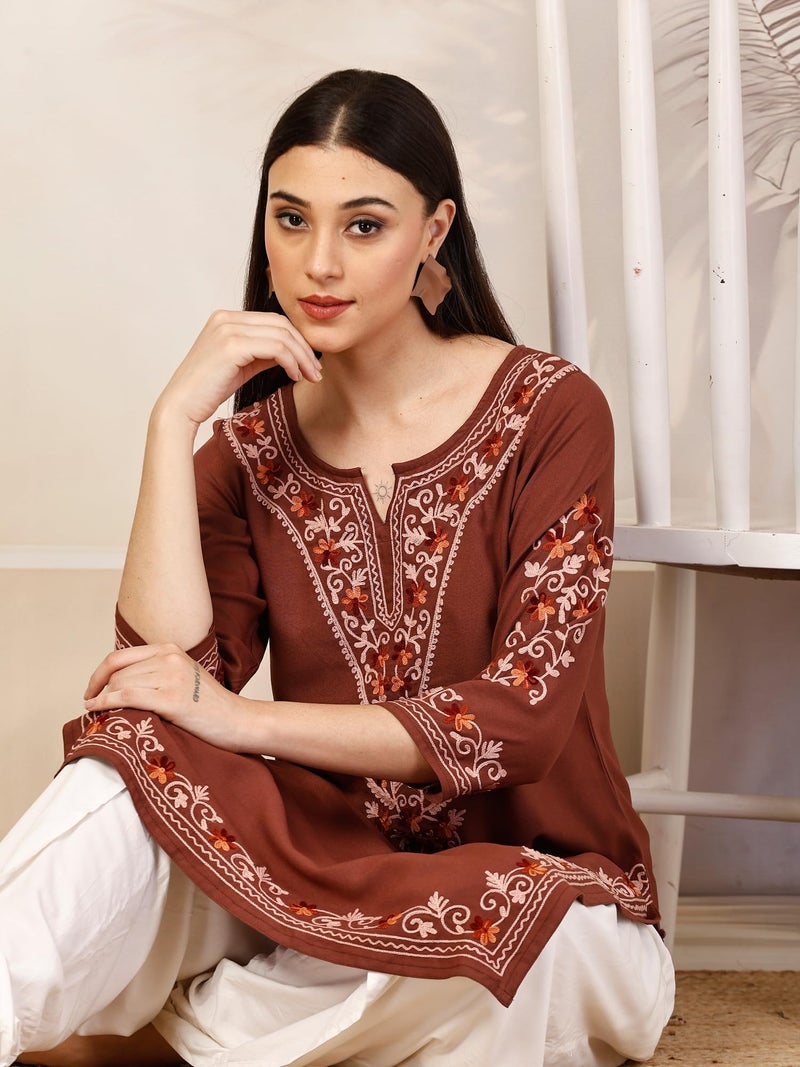 QAZMI Women's Aafreen Kashmiri Aari Embroidered 3/4 Sleeves Viscose Rayon Kurta Brown - Image 5
