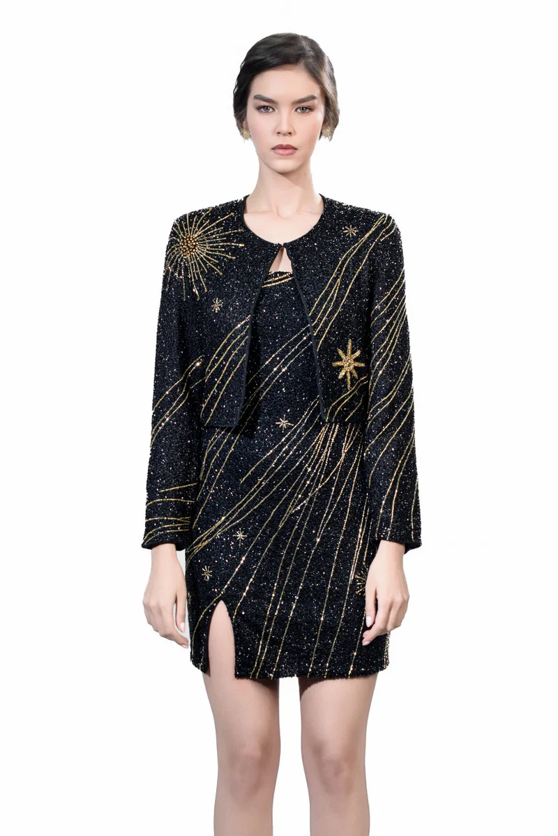 زيافي جاكيت سماوي مطرز بالكامل يدوياً