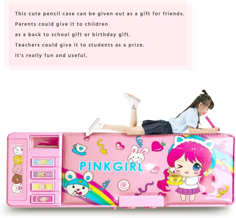 جيه زد اس حافظة أقلام متعددة الوظائف قابلة للطي، صندوق منظم أقلام كرتوني مع قفل بكلمة مرور، صندوق قرطاسية رائع للأطفال مع مبراة، جدول زمني، سبورة بيضاء (وردي) - Image 2