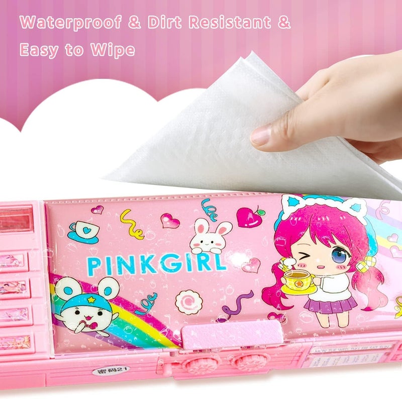 جيه زد اس حافظة أقلام متعددة الوظائف قابلة للطي، صندوق منظم أقلام كرتوني مع قفل بكلمة مرور، صندوق قرطاسية رائع للأطفال مع مبراة، جدول زمني، سبورة بيضاء (وردي) - Image 4