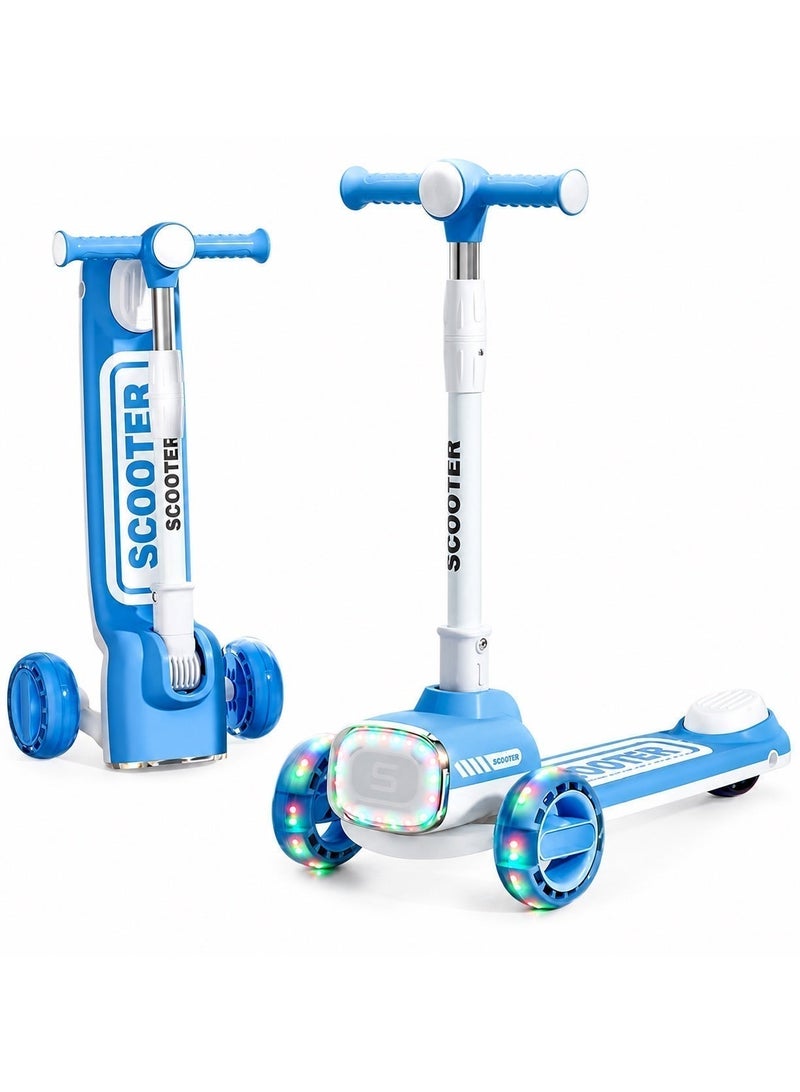 Kids 3-Wheel Scooter with LED Lights, Music & Front Headlight – Adjustable Handlebar – Rear Brake – Ages 3–12