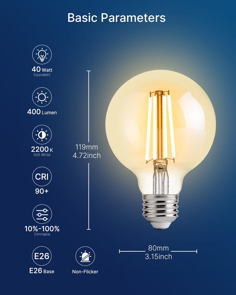 FLSNT 4 Pack Amber Glass LED Edison Bulbs, G25 Globe Light Bulbs 2200K Warm White, Dimmable Decorative Bulbs for Bathroom & Living Room, 40W Equivalent 400LM, CRI90+ E26 Base, UL Listed - Image 3