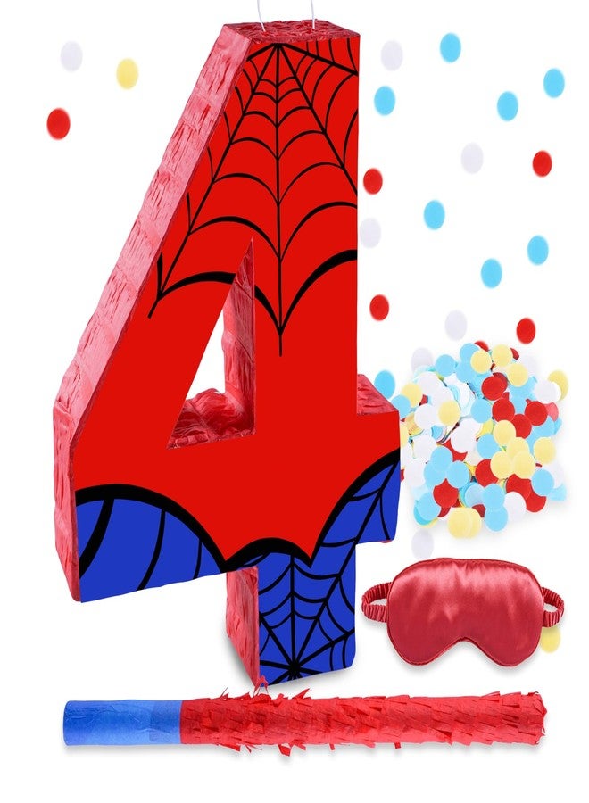 RUISUER 16 Inch Number 4 Spider Pinata with 16 Inch Piñata Stick Blindfold Confetti for Boy Girl Kids 4th Birthday Party Decorations (4th) - Image 1