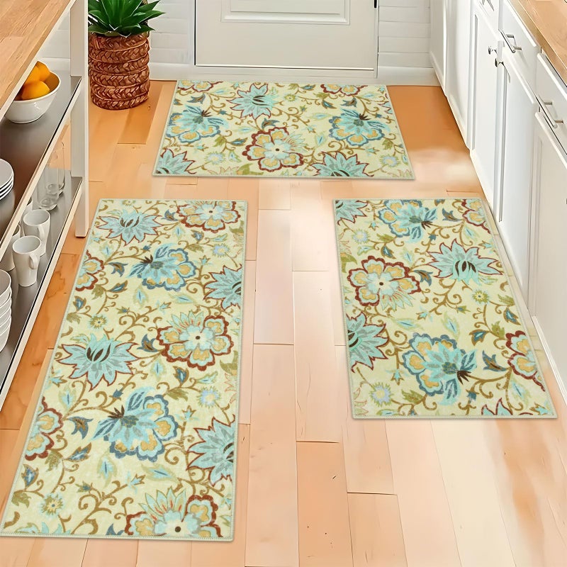 Homcomoda Boho Kitchen Mats 3 Piece Set Kitchen Rugs Non Slip Kitchen Mats for Floor Washable Kitchen Rugs and Mats Floral Kitchen Runner Rugs for Hallway Kitchen Laundry - Image 1