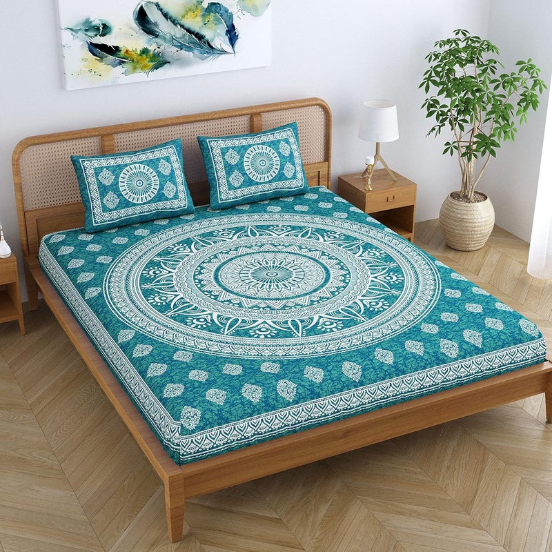 Colorish Cotton Blend Mandala Printed Jaipuri Batik Bedsheet for Double Bed King Size with 2 Pillow Covers Sea Green - Image 4